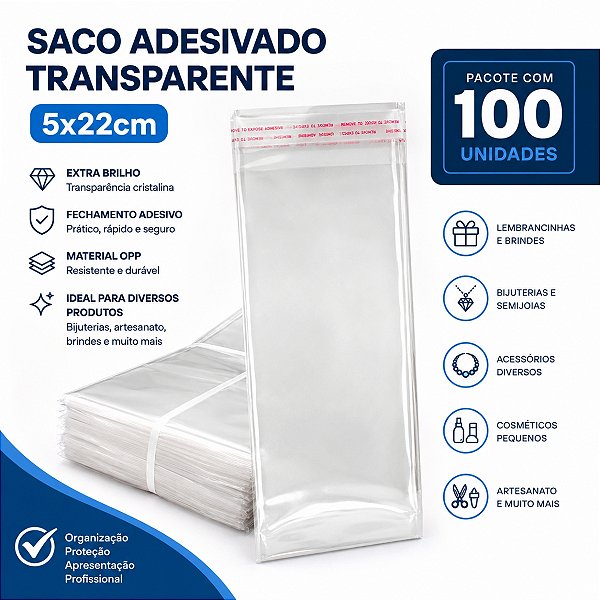 100 unidades Saco Adesivado Transparente sem solapa 5x22 cm
