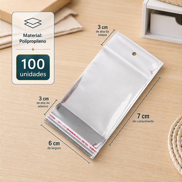 100 Unidades saco Plástico Adesivado com Solapa 6x7 cm
