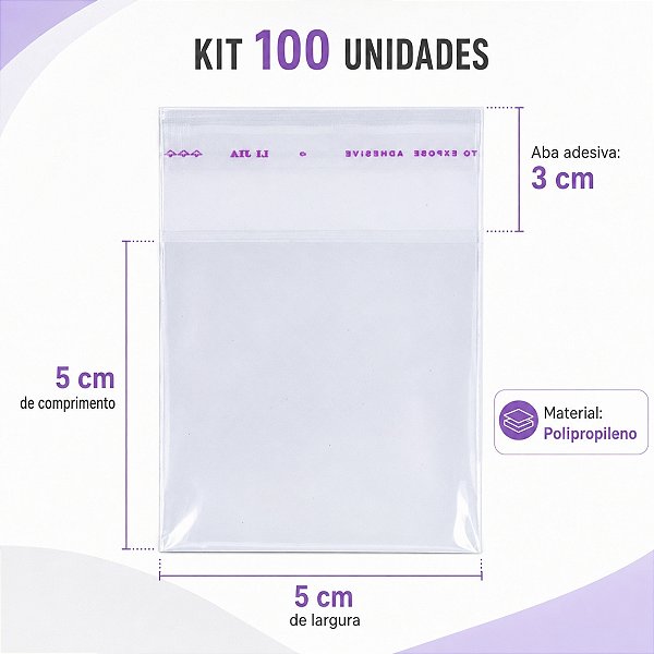 100 Unidades saco Plástico Adesivado sem Solapa 5x5 cm