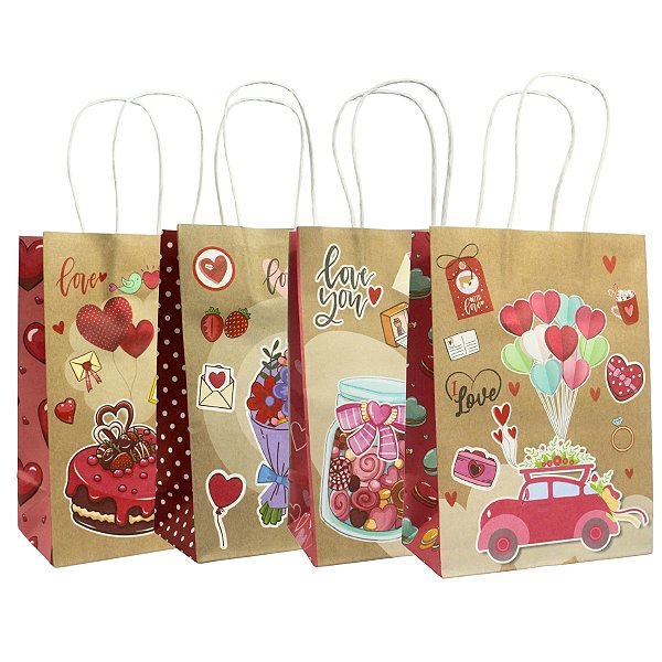 Kit 12 Sacolas de Presente Kraft Love Story 25x18x9cm