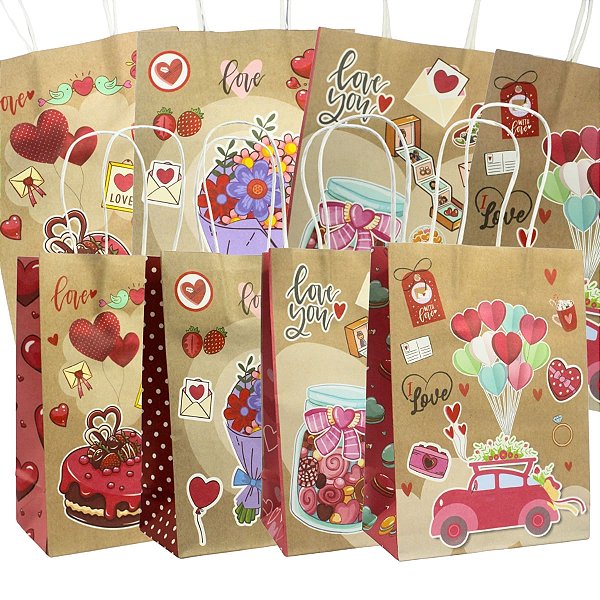 Kit 12 Sacolas de Presente Kraft Love Story 21x15x8cm