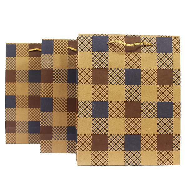Kit 12 Unidade Sacolas Kraft 24x19x8cm Quadriculado