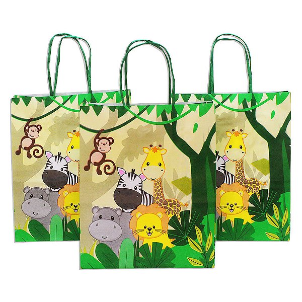 Sacola Kraft para Presente Safari Tamanho 21,5x17,5x8,5cm Pacote com 10 unidades