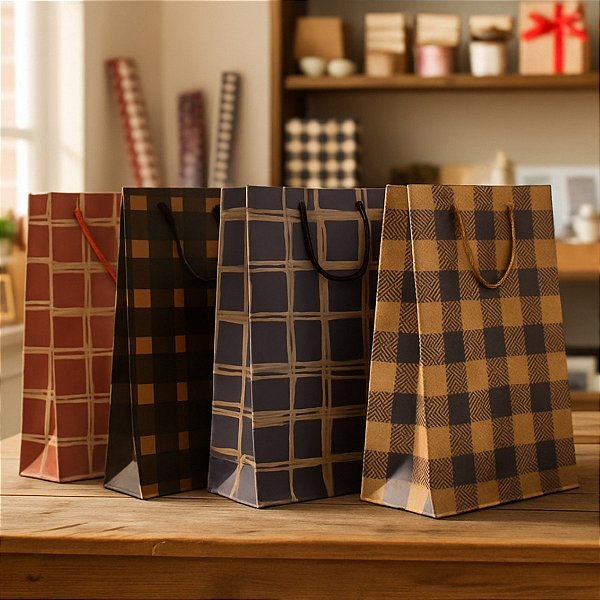 Kit 12 Sacolas Kraft Para Presente Tema Casual 33x24x8cm