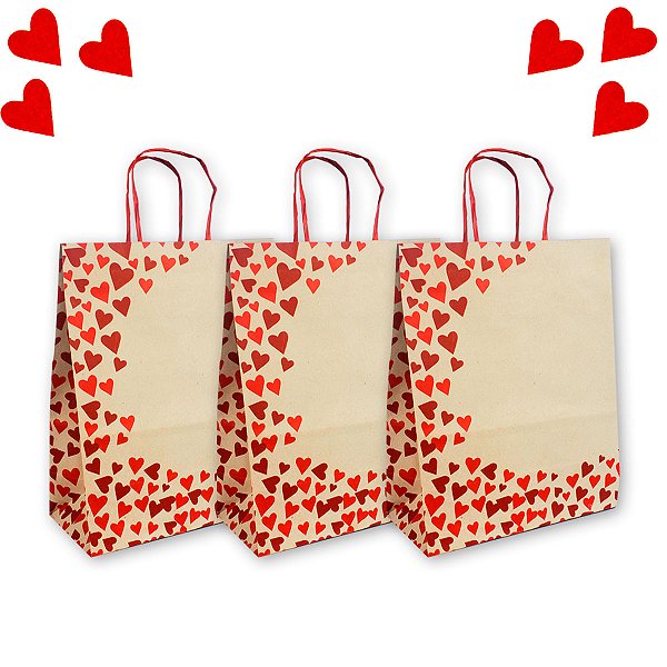 Sacola Kraft Tam. 31,5x23,5x10 Estampada Coração 10 pçs
