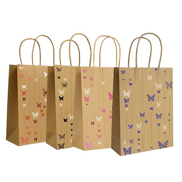 Kit 12 Sacola de presente Kraft 25x18x9cm Borboleta sortido