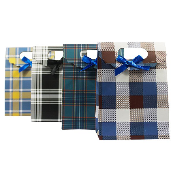 Kit com 12 Sacolas de Papel Kraft Estampa Xadrez 30x24x11cm