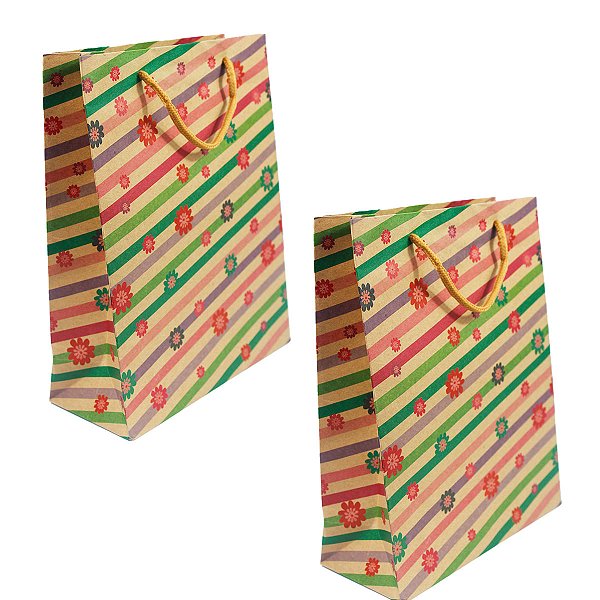 Kit 12 Unidade Sacolas Kraft 24,5x19x8 Faixas Floridas