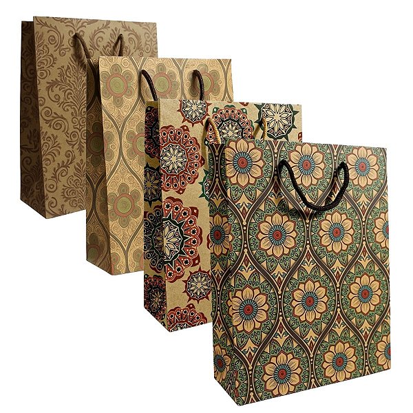 Kit 12 Sacolas Kraft Mandala Sortidas 24x18x7cm Presente