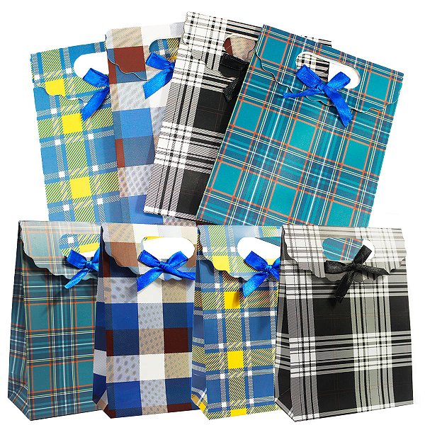 Kit com 12 Sacolas de Papel Kraft Estampa Xadrez 27x19x9cm