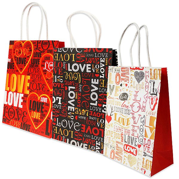 Kit com 12 Sacolas de Papel Modelo Love Sortidas Para Presentes Loja Lembrancinhas 25x18 cm
