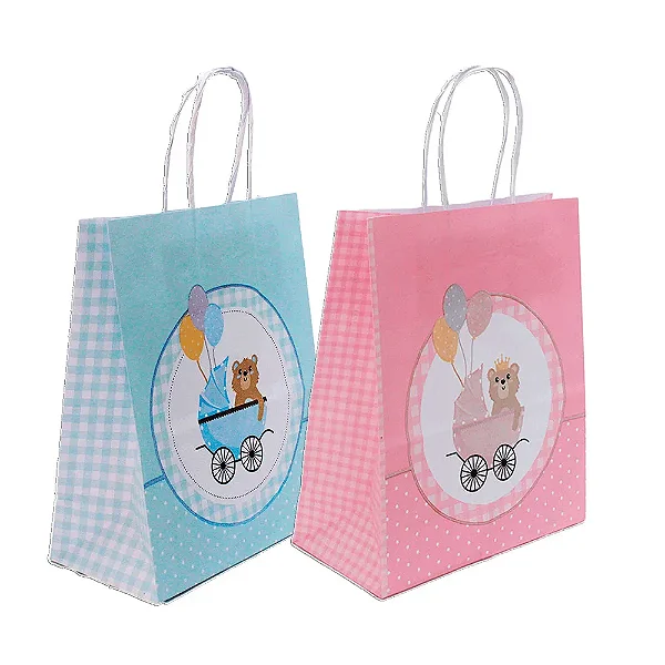 Kit 10 Sacolas Para Chá Revelação Azul ou Rosa Tam 19x13x8cm