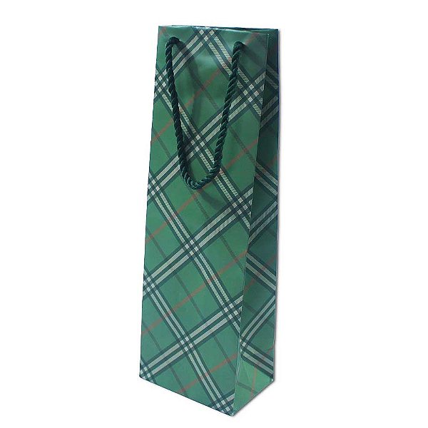 Kit 10 Sacola Para Presente Garrafa Verde Xadrez 35x11x8cm Premium