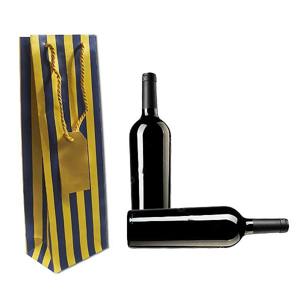 Sacolas Para Presente Garrafa de Vinho Premium Listras Marinho c/ Ouro Tam 35x11x8cm Pacote com 10 unidades