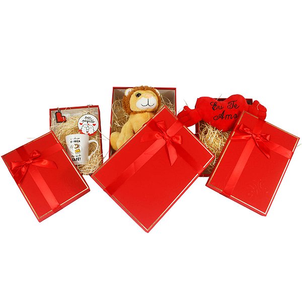 Kit 3 Caixa Para Presente Retangular Vermelha Com Fio Dourado