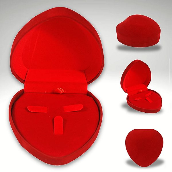 Caixinha de Coração Vermelha em Veludo com 3 Fendas Para Conjunto