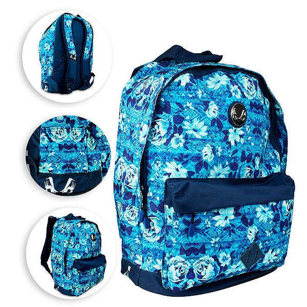 Mochila de Costas Sexy Machine em Poliester Floral Azul Floral