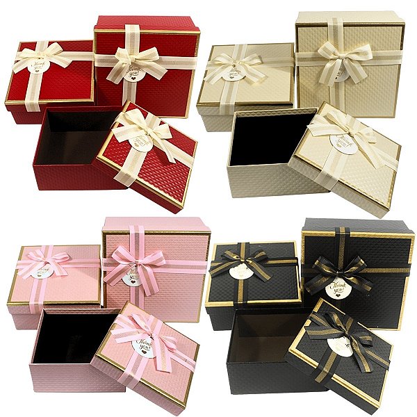 Kit 3 Peças Caixa de Presente com Fita e Laço Decorativo