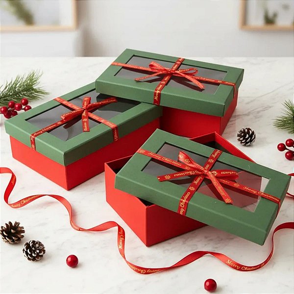 Kit 3 caixa para presente retangular Merry Christmas