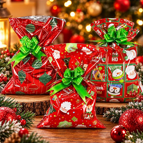 Kit 50 Sacos de presentes Laminado Natal 30x44 cm