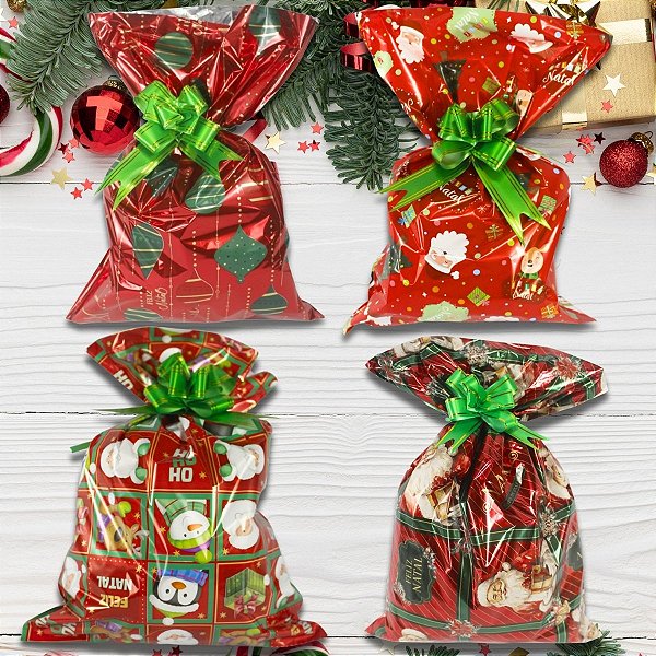 Kit 50 Sacos de presentes Laminado Natal 25x37 cm Pacote