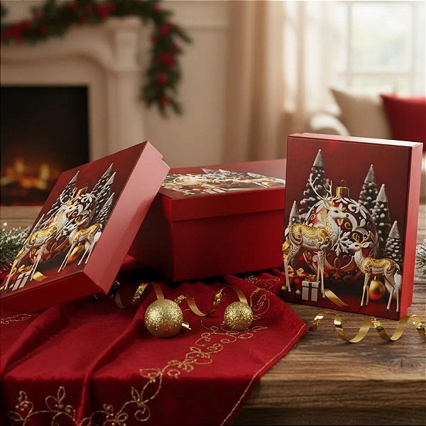 Kit 3 caixas para presente Retangular Estampa Natalina