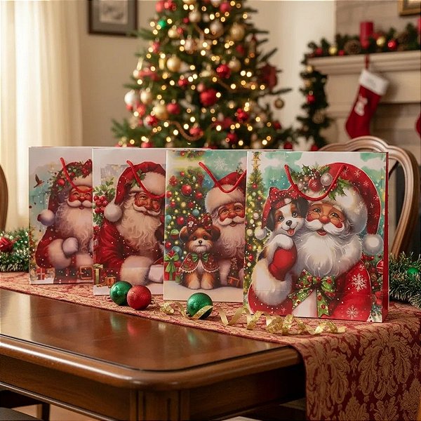 Kit 12 Sacolas de Presente Natalinas Papai Noel 26x32x10cm