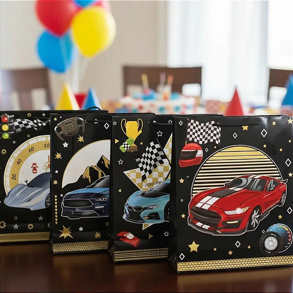 Kit 12 Sacolas de papel Carro de corrida Soritdo 26x32x10cm