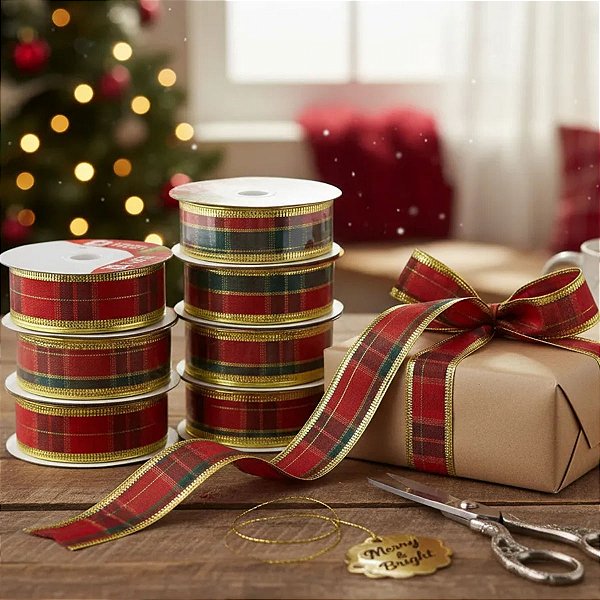 Kit 6 Rolos de Fita Aramado Decorativa Natalina 25mm x 270cm