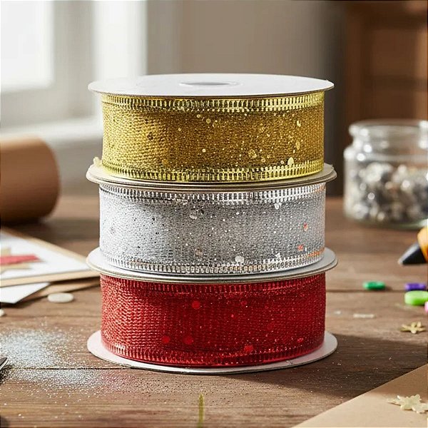 6 Fita Aramada Brilhante 25mm x 270cm para Laços e Decoração