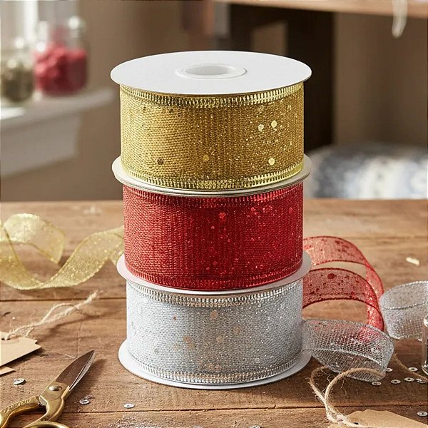 3 Fita Aramada Brilhante 38mm x 270cm para Laços e Decoração
