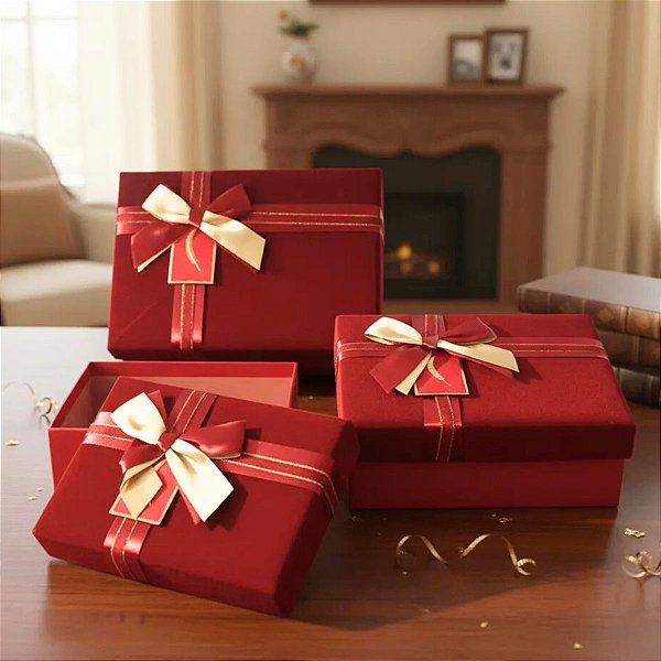 Kit 3 Caixas de Presente de Luxo com Tampa Aveludada e Laço