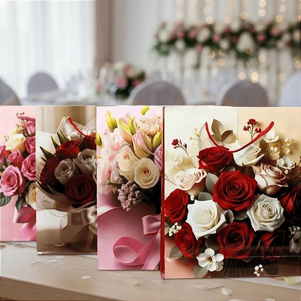 12 Sacolas de papel para Presente Rosas sortido 26x32x10cm