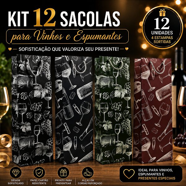 12 Sacolas para Garrafa de Vinho Elegante 11x9x36cm