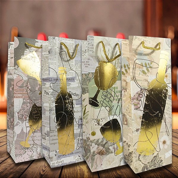 Kit 12 Sacolas para Vinho Premium Dourada 12x36x9cm