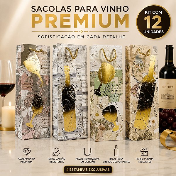 Kit 12 Sacolas para Vinho Premium Dourada 12x36x9cm