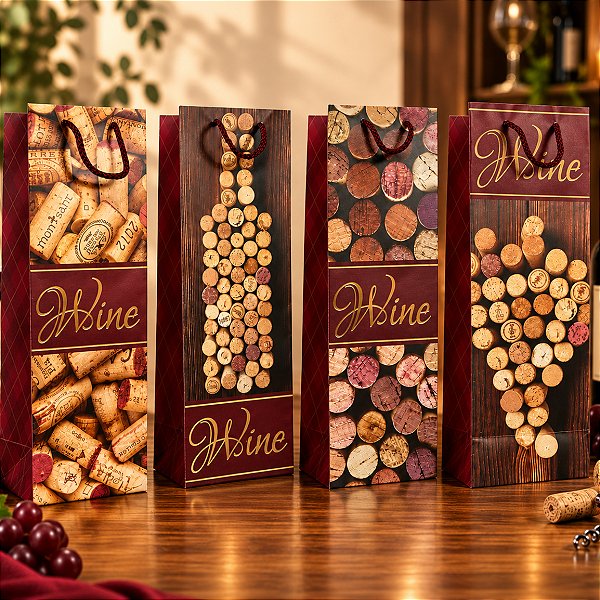 12 Sacola para Garrafa de Vinho Estampa de Rolhas 11x9x36cm