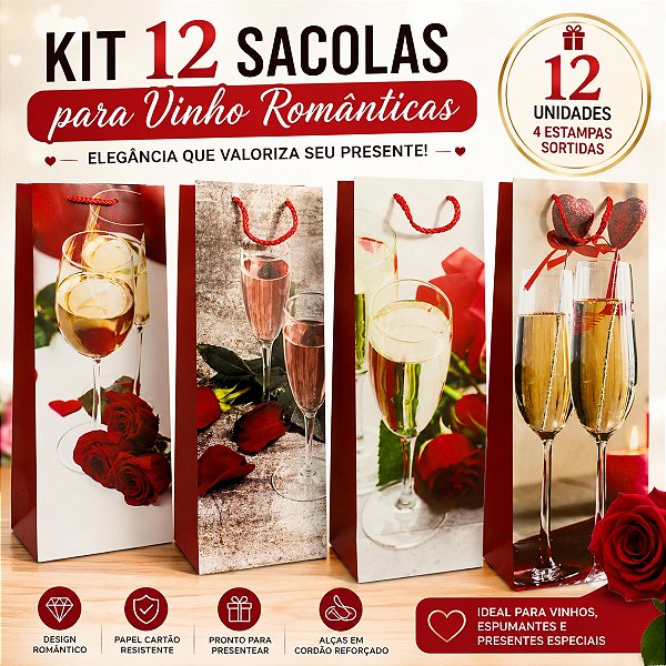 Kit 12 Sacolas para Vinho Românticas 12x36x9cm Presente Luxo