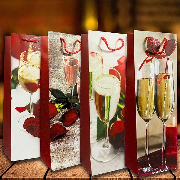 Kit 12 Sacolas para Vinho Românticas 12x36x9cm Presente Luxo