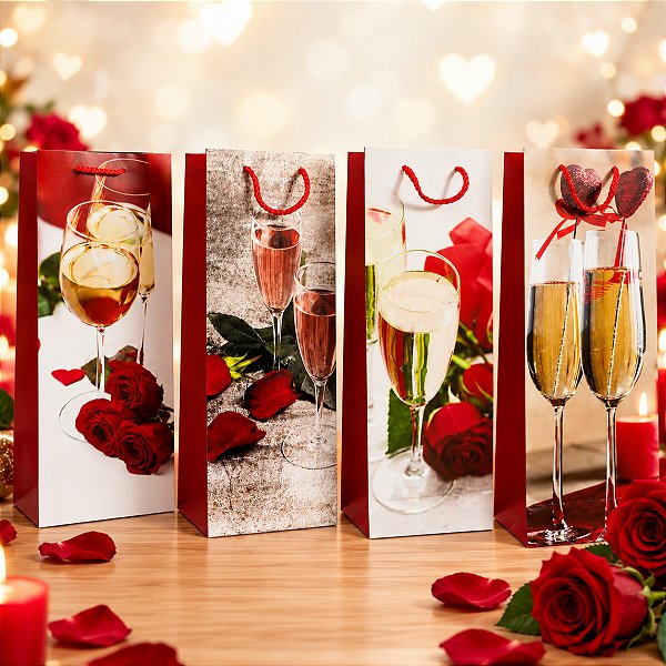 Kit 12 Sacolas para Vinho Românticas 12x36x9cm Presente Luxo