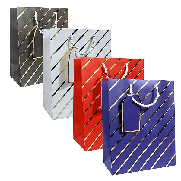 Kit 12 Sacolas de papel Listras Dourada 23x18x10cm