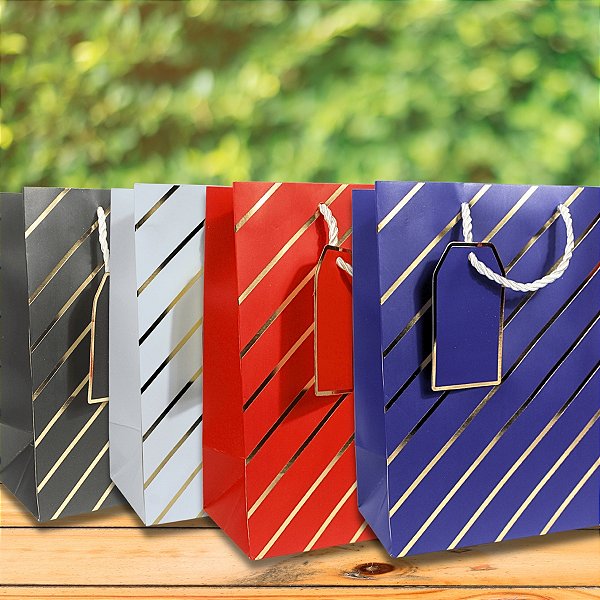 Kit 12 Sacolas de papel Listras Dourada 26x32x10 cm