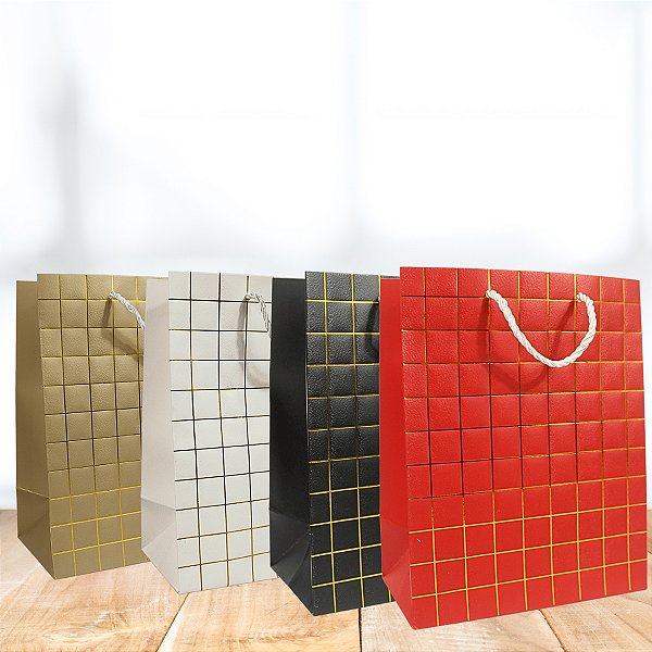 Kit 12 Sacolas de papel de Luxo Quadriculada 26x32x10cm