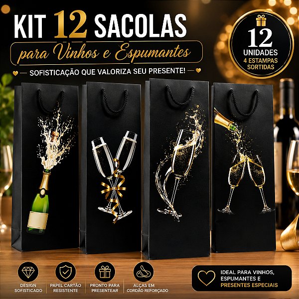 Sacolas para Vinho Luxo Estampadas Champagne 12x9x36cm