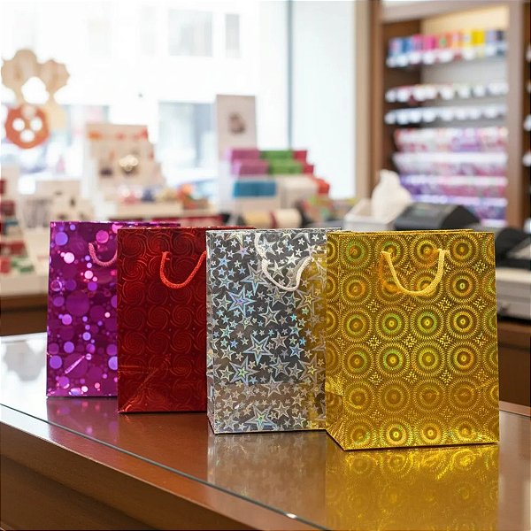 Kit 12 sacolas de presente estilo 3D Sortidas 11x14x6cm