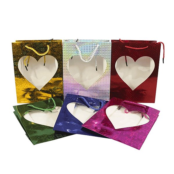 12 Sacola de Presente com Visor Coração 24x18x8cm sortido