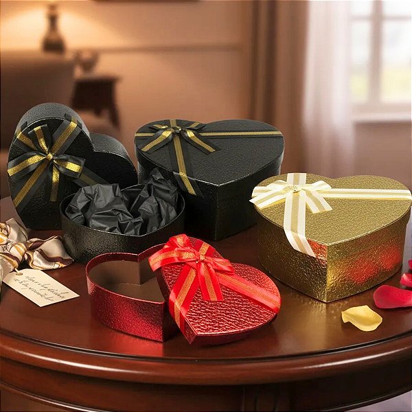 Kit 3 caixas para presente Formato Coração de luxo com laço