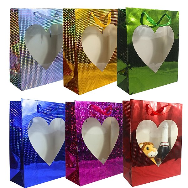 12 Sacola de Presente com Visor Coração 40x31x13cm sortido