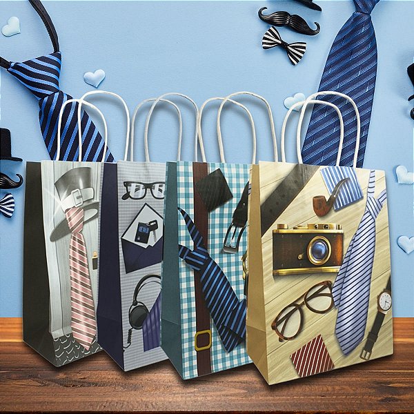 Kit 12 Sacolas de Papel para Presente Masculino 32x26x12cm