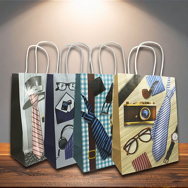 Kit 12 Sacolas de Papel para Presente Masculino 19x9x26cm
